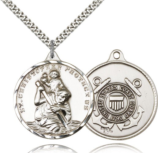 St. Christopher Coast Guard Medal, Sterling Silver - 24&quot; 2.4mm Rhodium Plate Endless Chain