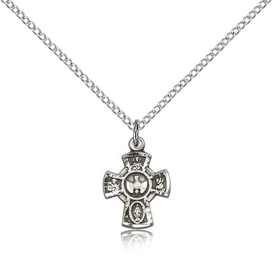 5 Way Cross Pendant, Sterling Silver - 18&quot; 1.2mm Sterling Silver Chain + Clasp