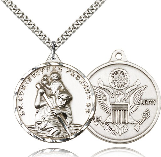 St. Christopher Army Medal, Sterling Silver - 24&quot; 2.4mm Rhodium Plate Endless Chain