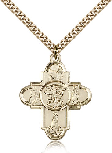 Our Lady 5 Way Cross Pendant, Gold Filled - 24&quot; 2.4mm Gold Plated Endless Chain