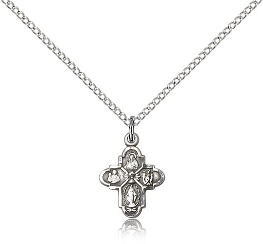 4 Way Cross Chalice Medal, Sterling Silver - 18&quot; 1.2mm Sterling Silver Chain + Clasp