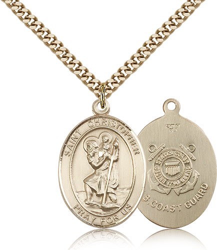 St. Christopher Coast Guard Medal, Gold Filled, Large - 24&quot; 2.4mm Gold Plated Chain + Clasp