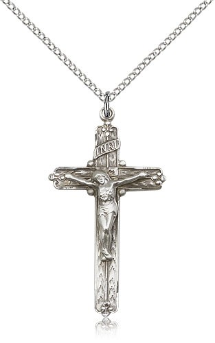 Crucifix Pendant, Sterling Silver - 18&quot; 1.2mm Sterling Silver Chain + Clasp