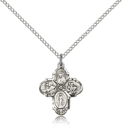 4 Way Cross Pendant, Sterling Silver - 18&quot; 1.2mm Sterling Silver Chain + Clasp