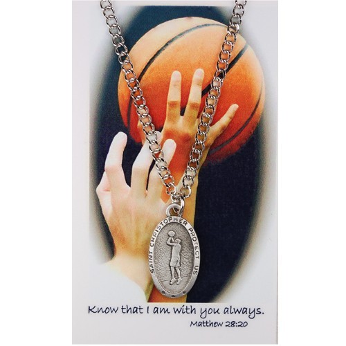 Boys St. Christopher Basketball Medal and Prayer Card Set - Silver-tone