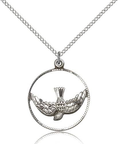 Holy Spirit Medal, Sterling Silver - 18&quot; 1.2mm Sterling Silver Chain + Clasp