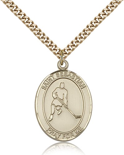 St. Sebastian Ice Hockey Medal, Gold Filled, Large - 24&quot; 2.4mm Gold Plated Chain + Clasp