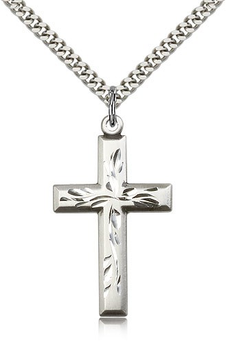 Cross Pendant, Sterling Silver - 24&quot; 2.4mm Rhodium Plate Endless Chain