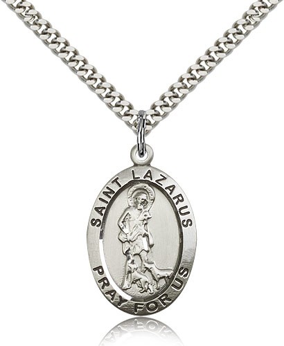 St. Lazarus Medal, Sterling Silver - 24&quot; 2.4mm Rhodium Plate Endless Chain