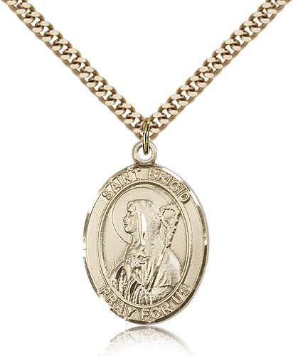 St. Brigid of Ireland Medal, Gold Filled, Large - 24&quot; 2.4mm Gold Plated Chain + Clasp