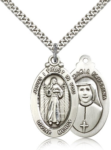 Divine Mercy Medal, Sterling Silver - 24&quot; 2.4mm Rhodium Plate Endless Chain