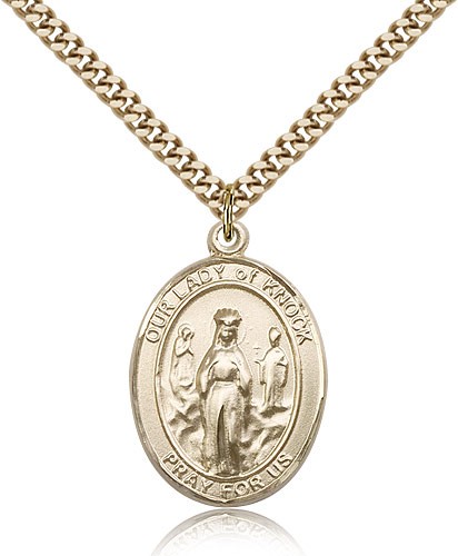 Our Lady of Knock Medal, Gold Filled, Large - 24&quot; 2.4mm Gold Plated Chain + Clasp