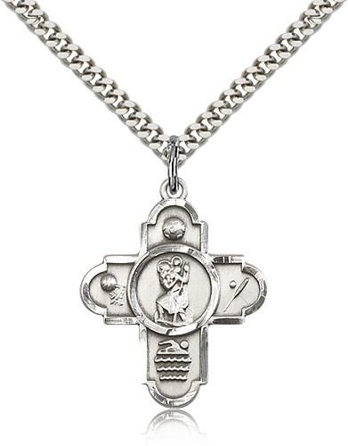 Sports 5 Way Cross St Christopher Medal, Sterling Silver - 24&quot; 2.4mm Rhodium Plate Endless Chain