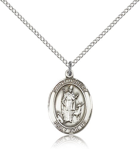 St. Hubert of Liege Medal, Sterling Silver, Medium - 18&quot; 1.2mm Sterling Silver Chain + Clasp