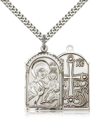 Mother of God Medal, Sterling Silver - 24&quot; 2.4mm Rhodium Plate Chain + Clasp