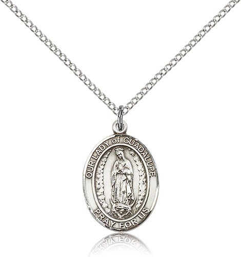 Our Lady of Guadalupe Medal, Sterling Silver, Medium - 18&quot; 1.2mm Sterling Silver Chain + Clasp