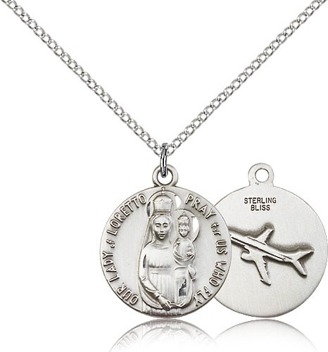 Our Lady of Loretto Medal, Sterling Silver - 18&quot; 1.2mm Sterling Silver Chain + Clasp