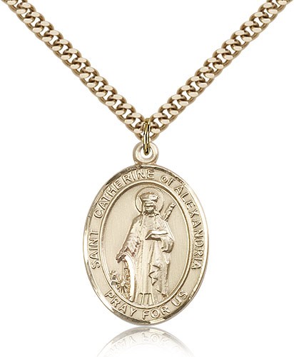 St. Catherine of Alexandria Medal, Gold Filled, Large - 24&quot; 2.4mm Gold Plated Chain + Clasp