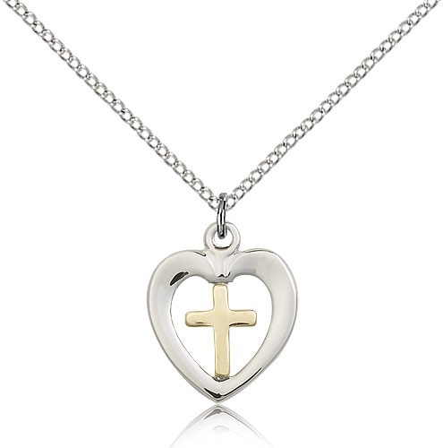 Heart Cross Pendant, Two-Tone - 18&quot; 1.2mm Sterling Silver Chain + Clasp