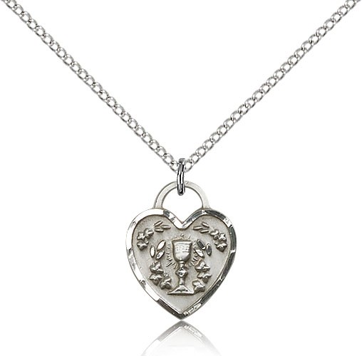 Communion Heart Medal, Sterling Silver - 18&quot; 1.2mm Sterling Silver Chain + Clasp