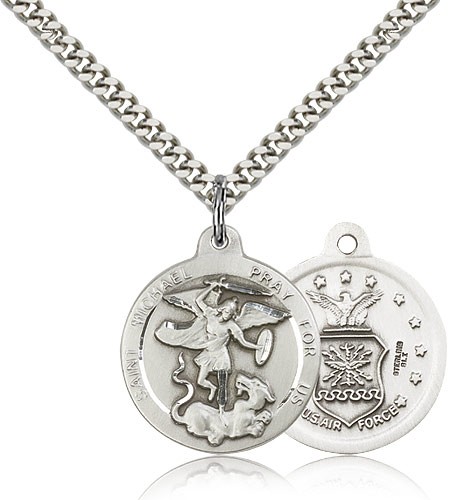 St. Michael Air Force Medal, Sterling Silver - 24&quot; 2.4mm Rhodium Plate Endless Chain