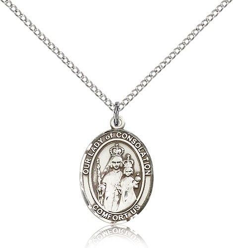 Our Lady of Consolation Medal, Sterling Silver, Medium - 18&quot; 1.2mm Sterling Silver Chain + Clasp