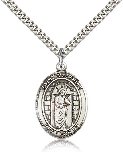 St. Matthias the Apostle Medal, Sterling Silver, Large - 24&quot; 2.4mm Rhodium Plate Chain + Clasp