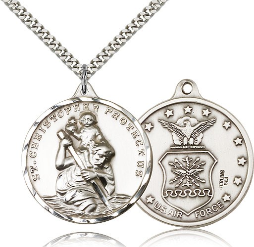 St. Christopher Air Force Medal, Sterling Silver - 24&quot; 2.4mm Rhodium Plate Endless Chain