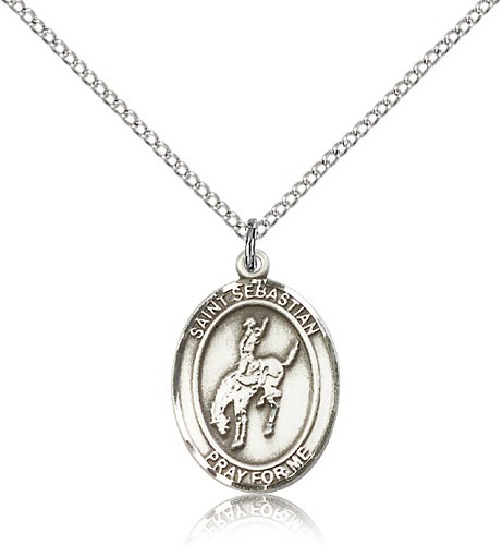 St. Sebastian Rodeo Medal, Sterling Silver, Medium - 18&quot; 1.2mm Sterling Silver Chain + Clasp