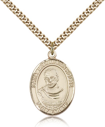 St. Maximilian Kolbe Medal, Gold Filled, Large - 24&quot; 2.4mm Gold Plated Chain + Clasp