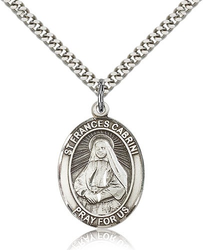 St. Frances Cabrini Medal, Sterling Silver, Large - 24&quot; 2.4mm Rhodium Plate Chain + Clasp