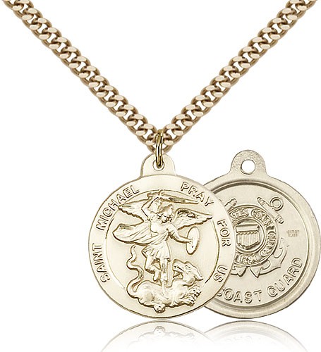 St. Michael Coast Guard Medal, Gold Filled - 24&quot; 2.4mm Gold Plated Endless Chain