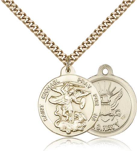 St. Michael Navy Medal, Gold Filled - 24&quot; 2.4mm Gold Plated Endless Chain