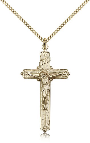 14k Gold Filled Crucifix Pendant - 18&quot; 1.2mm 14kt Gold Filled Chain + Clasp