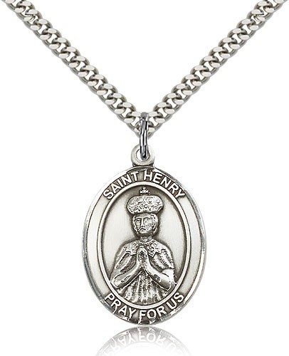St. Henry II Medal, Sterling Silver, Large - 24&quot; 2.4mm Rhodium Plate Chain + Clasp