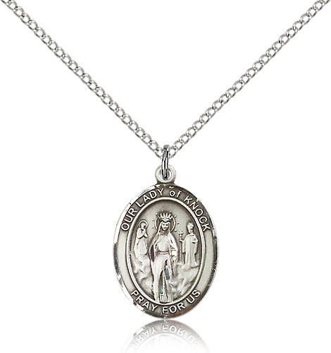 Our Lady of Knock Medal, Sterling Silver, Medium - 18&quot; 1.2mm Sterling Silver Chain + Clasp