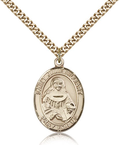 St. Julie Billiart Medal, Gold Filled, Large - 24&quot; 2.4mm Gold Plated Chain + Clasp