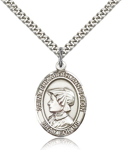 St. Elizabeth Ann Seton Medal, Sterling Silver, Large - 24&quot; 2.4mm Rhodium Plate Chain + Clasp