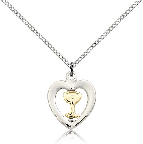 Chalice Heart Medal, Two-Tone - 18&quot; 1.2mm Sterling Silver Chain + Clasp