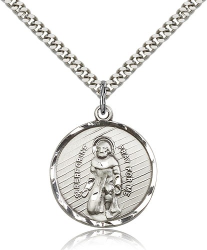 St. Perregrine Medal, Sterling Silver - 24&quot; 2.4mm Rhodium Plate Endless Chain