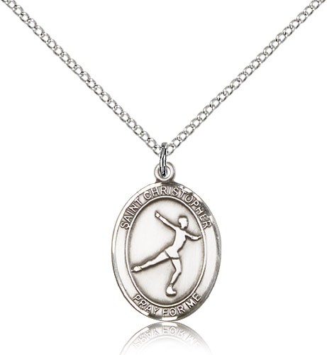 St. Christopher Figure Skating Medal, Sterling Silver, Medium - 18&quot; 1.2mm Sterling Silver Chain + Clasp
