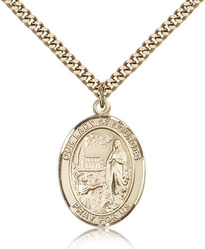Our Lady of Lourdes Medal, Gold Filled, Large - 24&quot; 2.4mm Gold Plated Chain + Clasp