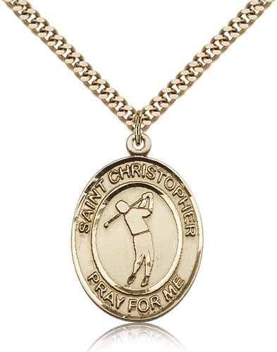 St. Christopher Golf Medal, Gold Filled, Large - 24&quot; 2.4mm Gold Plated Chain + Clasp