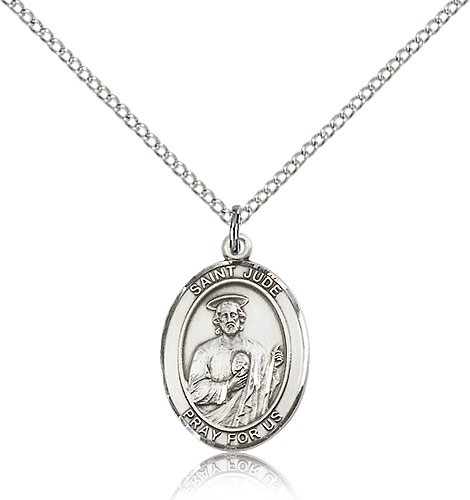 St. Jude Thaddeus Medal, Sterling Silver, Medium - 18&quot; 1.2mm Sterling Silver Chain + Clasp