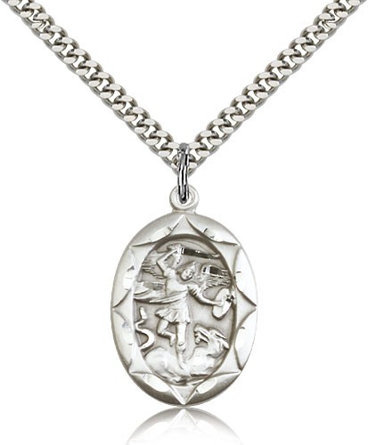 St. Michael the Archangel Medal, Sterling Silver - 24&quot; 2.4mm Rhodium Plate Endless Chain