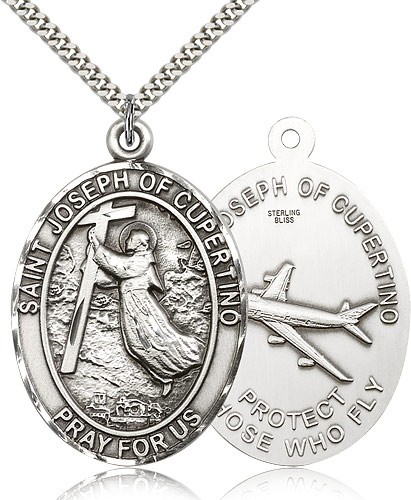 St. Joseph of Cupertino Medal, Sterling Silver - 24&quot; 2.4mm Rhodium Plate Endless Chain