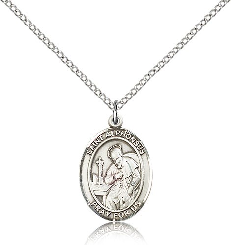 St. Alphonsus Medal, Sterling Silver, Medium - 18&quot; 1.2mm Sterling Silver Chain + Clasp