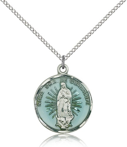 Our Lady of Guadalupe Medal, Sterling Silver - 18&quot; 1.2mm Sterling Silver Chain + Clasp