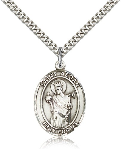St. Aedan of Ferns Medal, Sterling Silver, Large - 24&quot; 2.4mm Rhodium Plate Chain + Clasp