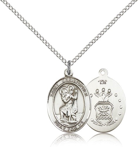 St. Christopher Air Force Medal, Sterling Silver, Medium - 18&quot; 1.2mm Sterling Silver Chain + Clasp